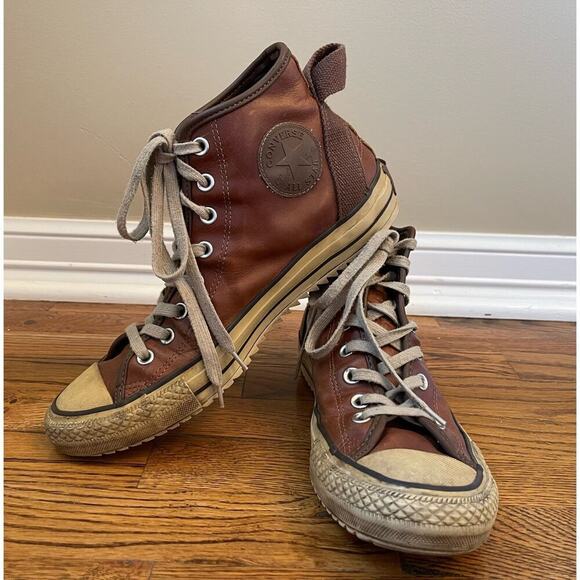 Vintage Brown Cognac Leather Converse Chuck High Top Sneakers Mens 9 - Picture 7 of 10